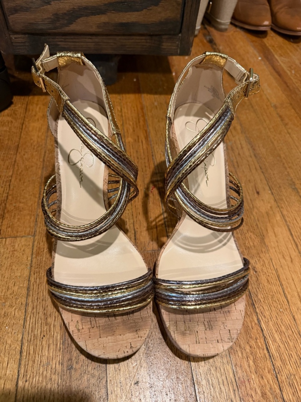 Jessica Simpson Metallic Gold Multi-Stripe Cork Wedge Sandals